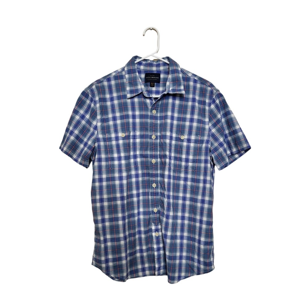 Lucky Brand Men's Button Up Camp Shirt Size‎ M Short Sleeve Tartan Plaid Classic